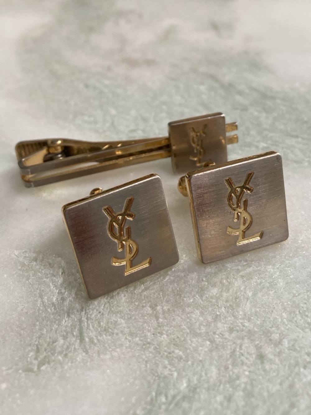 YSL Vintage Cuff Links & Tie Clip Set